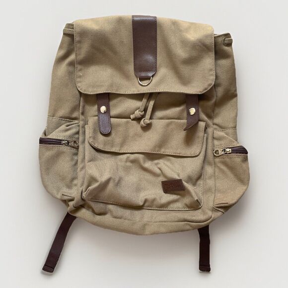 BELLA RUSSO Backpack Unisex Khaki Brown Canvas Drawstring Snap Zippered Pockets - Picture 1 of 11